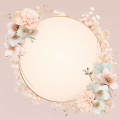 Round wreath with cute pastel flowers around. Empty space for text.
