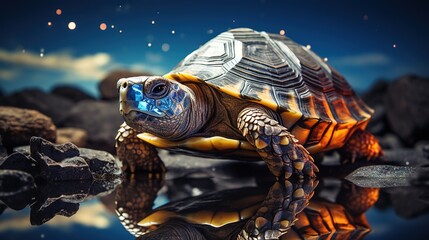 Fototapeta na wymiar a close up of a turtle on a body of water. generative ai