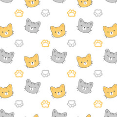Vector cute cat head cartoon faces animals seamless pattern