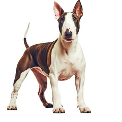 red and white dog bull terrier looking at the camera - obrazy, fototapety, plakaty