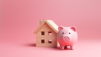 wooden house model and piggy bank on pink background.