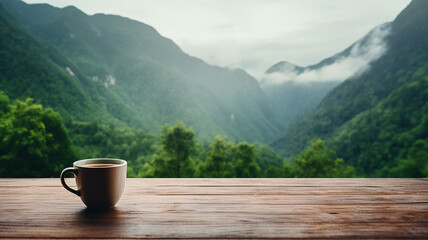 coffee cup on empty wooden table with mountain view in the morning.