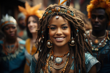 Obraz premium Cultural Diversity. Group of people in traditional attire celebrating a cultural event, embodying the richness of global diversity. Generative AI.