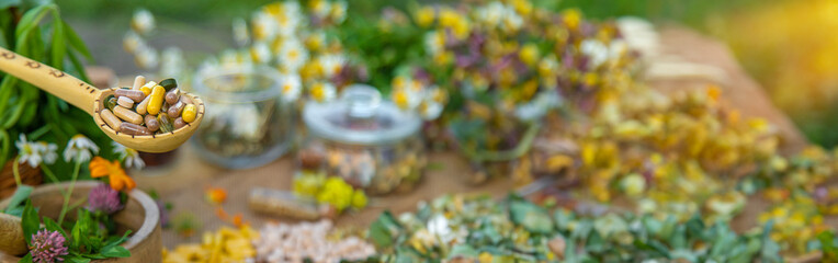 Supplementi and medicinal herbs and flowers. Selective focus.