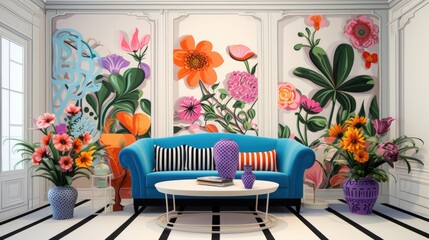A living room with a blue couch and flowers on the wall