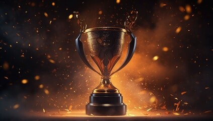 Gold trophy cup on abstract fire and glitter background - obrazy, fototapety, plakaty