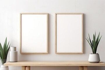 Empty white picture with wooden frame, picture mockup