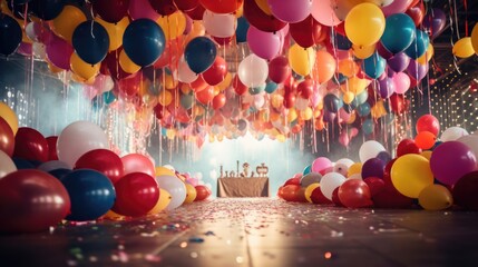 A room filled with lots of balloons and confetti