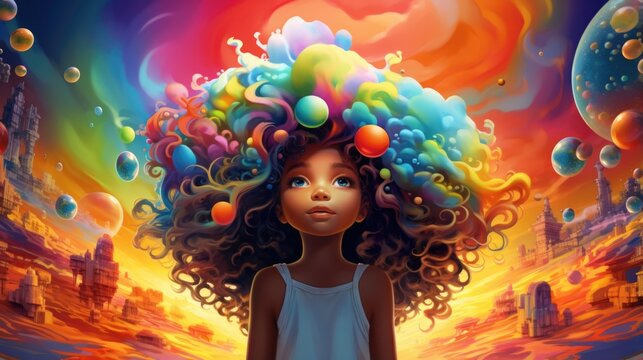 A little girl with a big afro standing in front of a colorful background