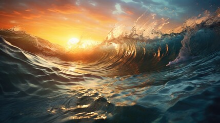 The sun is setting behind a wave in the ocean