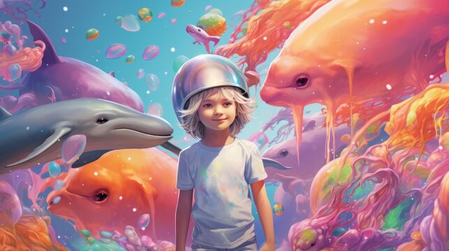 A little girl standing in front of a bunch of dolphins