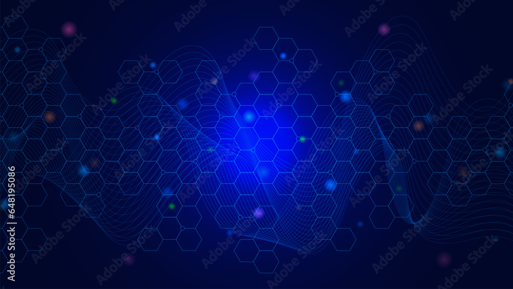 Poster abstract modern scientific with hexagon shapes and wave flow background. molecular structure, scienc