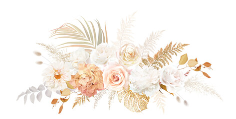 Gold, blush, beige, white rose, peony, dahlia, ranunculus, hydrangea flower, pampas grass