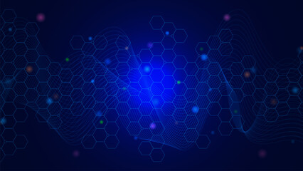 Abstract modern scientific with hexagon shapes and wave flow background. Molecular structure, science, technology and innovation concept.