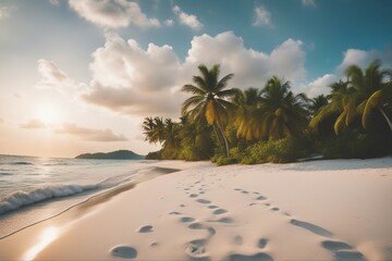 Beautiful white sand beach and tropical sea. Summer vacation background - obrazy, fototapety, plakaty