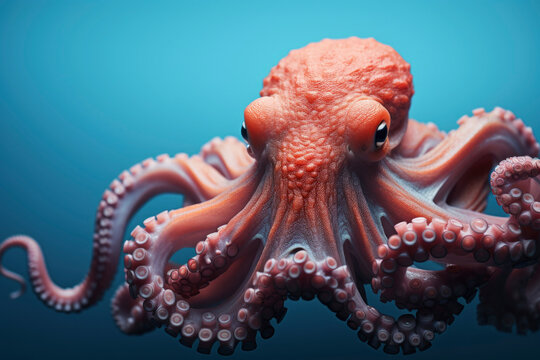 Sea life macro concept. orange octopus on blue background. copy space. exotic food © Анна Мартьянова