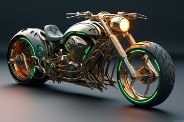 Description: A unique motorcycle with personalized elements such as a modified front light, fuel reservoir, wheel, and metallic parts. Generative AI