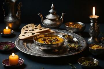 a table setting with Indian food and a lantern.
