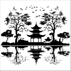 Zen meditation garden silhouette isolated on black 