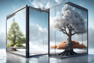  3d rending Concept of doubleness. Summer and winter of different sides with tree on the center