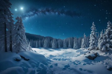 Fototapeta na wymiar 3d rending Forest on a mountain ridge covered with snow. Milky way in a starry sky. Christmas winter night.