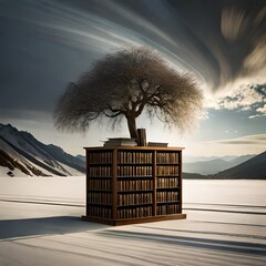 An old bookshelf near a willow tree on a mountain top - obrazy, fototapety, plakaty