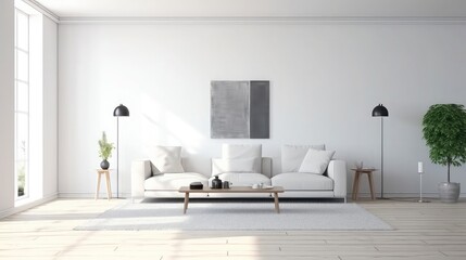 Modern living room design minimal furniture on white wall.