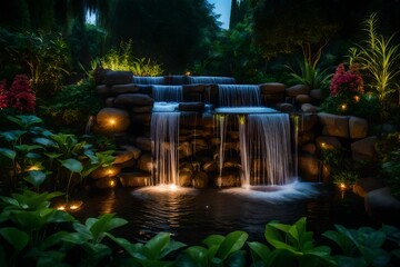 a beautiful garden with an artificial waterfall and a central fountain - AI Generative