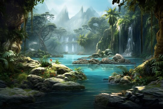 Fantasy jungle river rocks landscape. Generative AI
