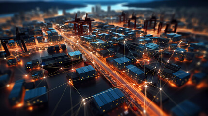 Global Trade Arteries: Digital Network Over Container Terminal - obrazy, fototapety, plakaty