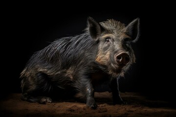 Wild hog in the foreground on a dark backdrop. Generative AI