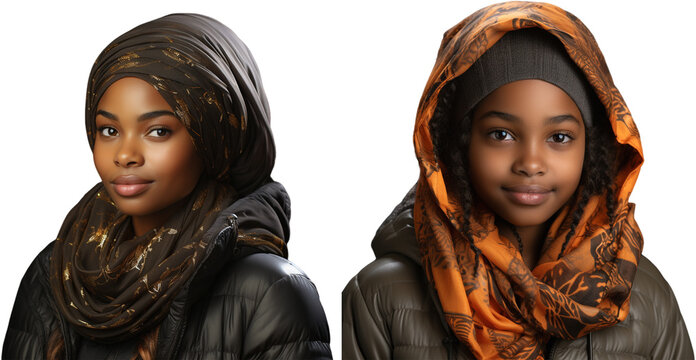 Realistic illustration of Young black Muslim girls with headscarf, generative ai