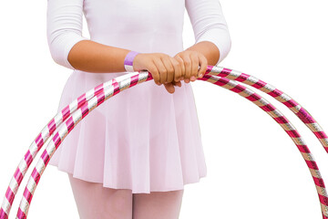 Little girl's hands holding Hula hoop massage hoop for weight loss on white background isolated