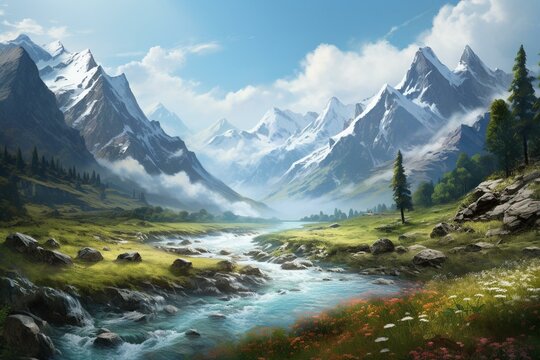 Scenic artwork portraying fields, valleys, mountains, and rivers with a touch of fantasy. Generative AI