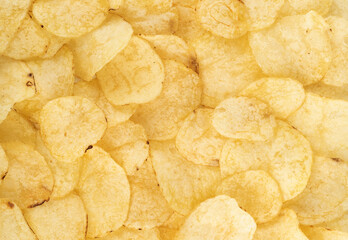 Food background of crispy natural potato chips.