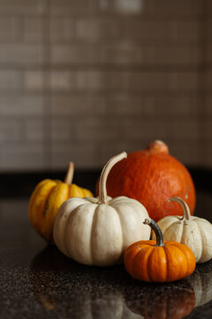 Still life of orange and white pumpkins in the kitchen. stock photo