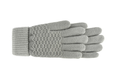 Gray knitted female gloves isolated on white background.