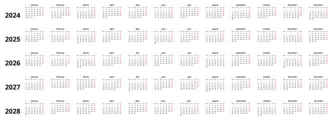 Kalender 2024 - 2028, Wochenstart Montag, Monate vertikal, minimalistisches Design