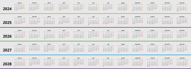 Kalender 2024 - 2028, Wochenstart Montag, farbenfrohes modernes Design mit vertikalen Jahren