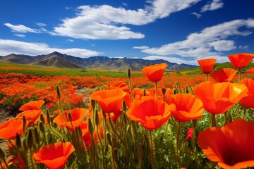 Vibrant poppy flowers in spring at Antelope Valley, California. Generative AI