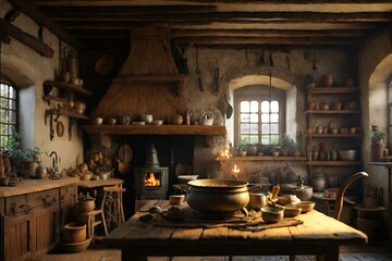 Tudor and medieval style cooking room - obrazy, fototapety, plakaty