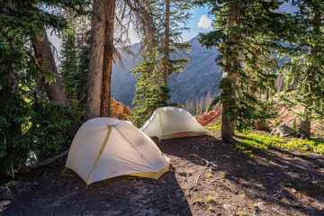 Two camping tents near trees on a ledge above a canyon, Chicago Basin, San Juan National Forest,...