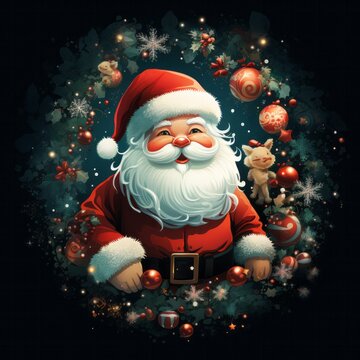Illustration of Santa Claus painting surrounded by festive Christmas decorations created with Generative AI technology