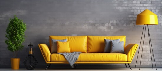 Scandinavian interior design with yellow sofa and lamp in a modern living room depicted in a illustration