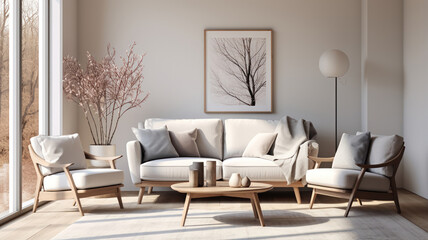 Minimalist living room featuring a monochrome color scheme