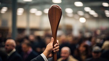 A close-up of a hand holding a numbered paddle at an auction - obrazy, fototapety, plakaty