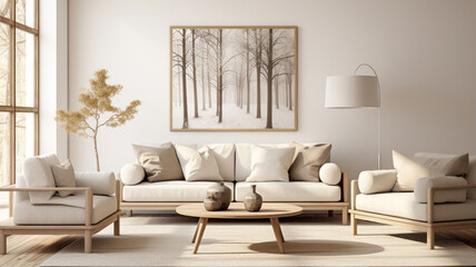 Minimalist living room featuring a monochrome color scheme