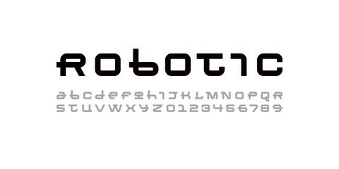 Technical font, digital alphabet, cyber letters from A to Z and numbers from 0 to 9, vector illustration 10EPS