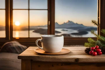 Poster cup of hot tea on table in front of fireplace presenting a glamorous winter scene generated by AI © sdk