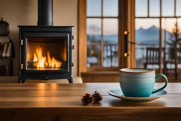 Foto op Canvas cup of hot tea on table in front of fireplace presenting a glamorous winter scene generated by AI © sdk